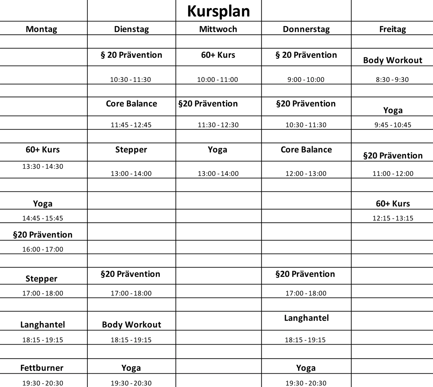 Körpermanufaktur - Physiotherapie. Osteopathie. Naturheilkunde - Kursplan
